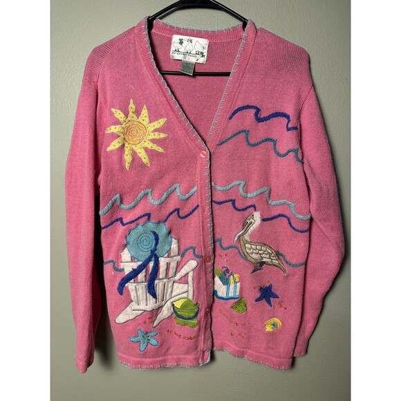 Vintage Quacker Factory Cardigan Sweater Womens M Pink Ocean Flamingo Beach Knit - Picture 1 of 8